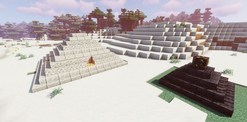 Shown: A Blackstone pyramid compared to a Diorite pyramid (Image via Minecraft)