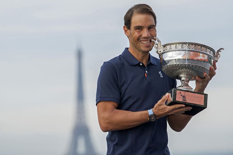 Rafael Nadal poses with the Coupe des Mousquetaires