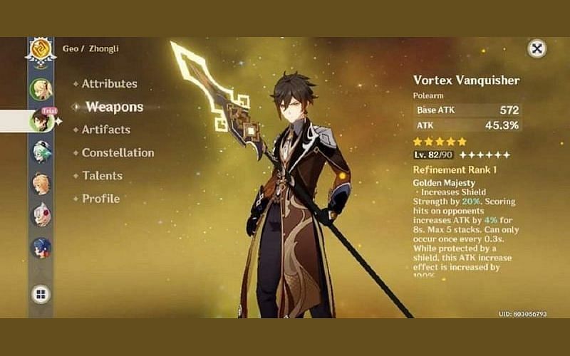 Genshin Impact character page for Zhongli with the Vortex Vanquisher polearm