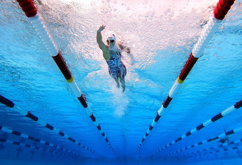 Katie Ledecky in action at the TYR Pro Swim Series in April 2021
