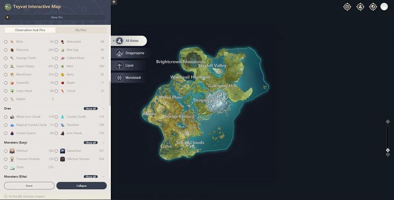 Interactive map of Teyvat for Genshin Impact (Image via miHoYo)