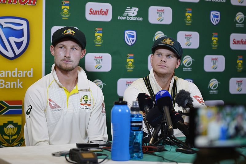 Cameron Bancroft (L) and Steve Smith (R) during the press conference at the end of Day 3 of the Cape Town Test