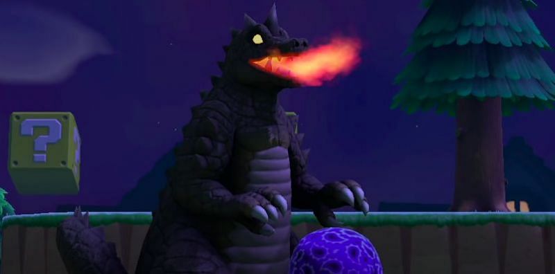 Godzilla breathing fire in Animal Crossing. Image via YouTube