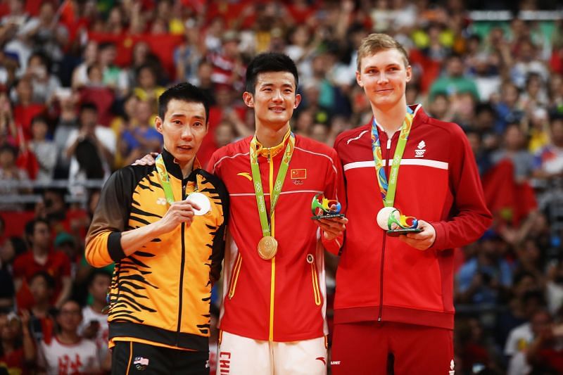 Lee Chong Wei (from left), Chen Long and Viktor Axelsen