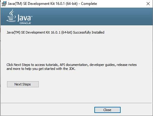 This screen should be displayed upon successful installation of Java 16