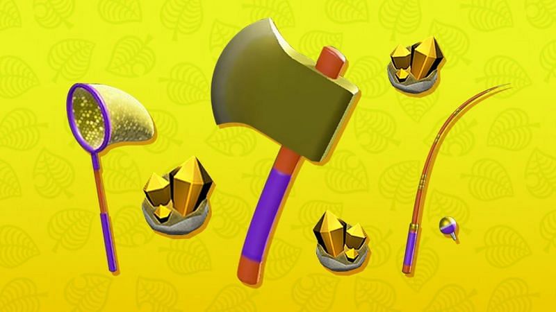 Golden net, axe, and fishing pole in Animal Crossing: New Horizons (Image via IGN)