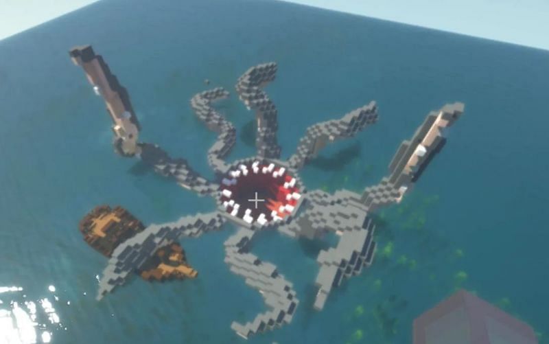 A Kraken emerges from the depths and attacks a fishing boat in Minecraft (Image via u/Sonofbloke on Reddit)