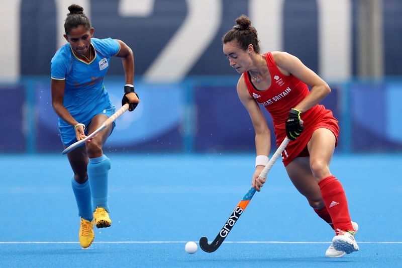 Fiona Anne Crackles of Team Great Britain moves the ball past Navjot Kaur of Team India during the Women&#039;s Preliminary Pool A match on Day 5 of Olympics 2021