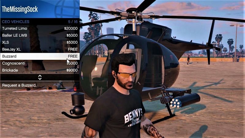 Spawning the Buzzard for free in GTA Online (Image via TheMissingSock, YouTube)