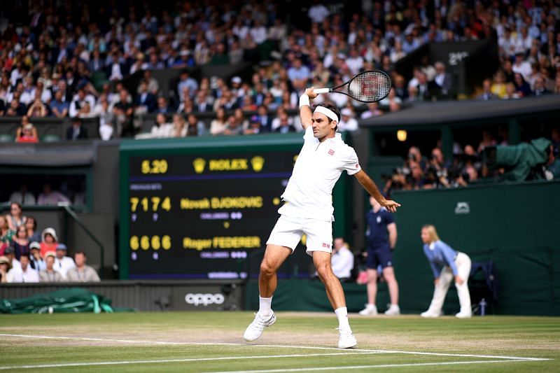 Roger Federer in full flow against Novak Djokovic in the 2019 Wimbledon final