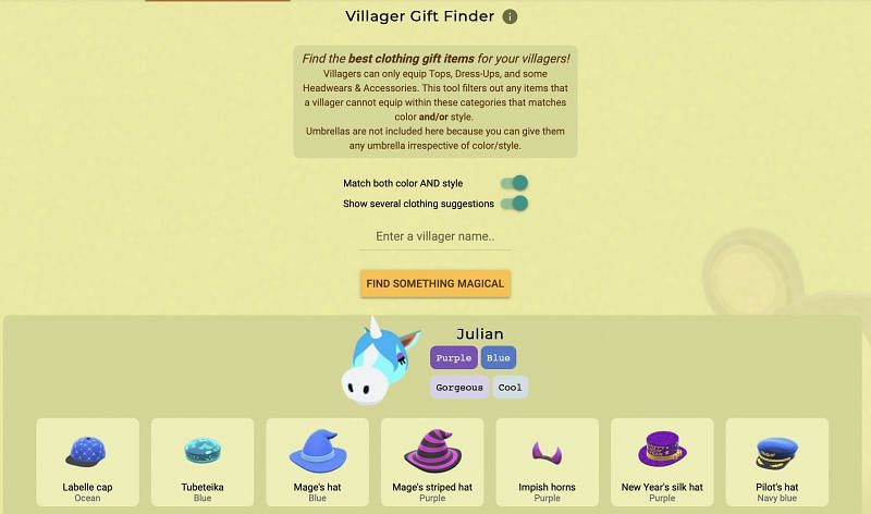 Gift guide tool for Animal Crossing: New Horizons (Image via Nook Plaza)