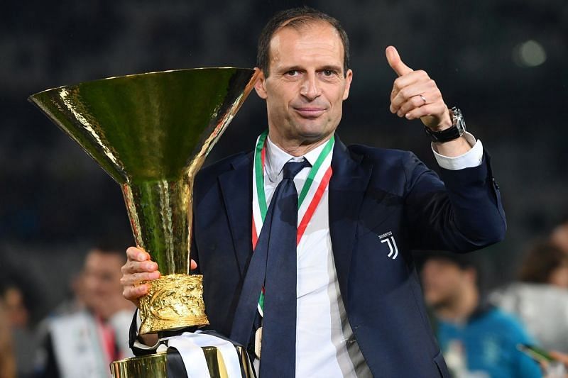 Allegri poses after winning his fifth Scudetto with Juventus