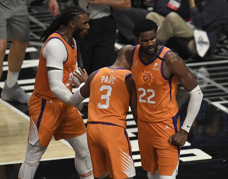 Deandre Ayton (#22) of the Phoenix Suns reacts after a blocked shot against the LA Clippers