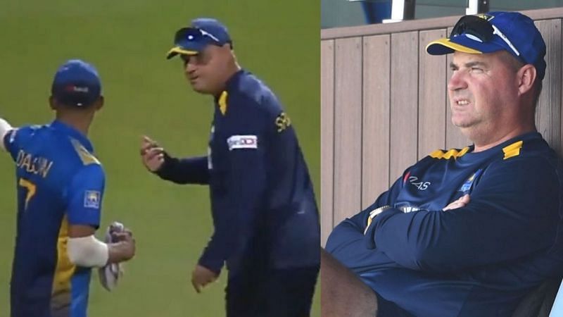श्रीलंका के कोच मिकी आर्थर मैदान पर कप्तान दसुन शनाका से बहस करते हुए दिखे