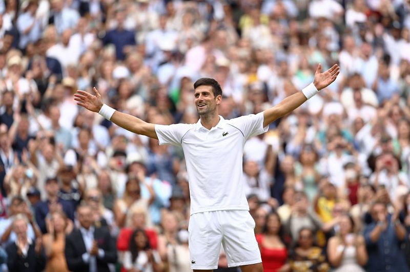 Novak Djokovic celebrates his Wimbledon win against Matteo Berrettini