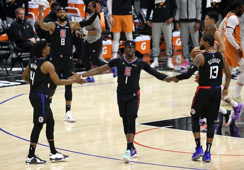 Reggie Jackson (#1) of the LA Clippers reacts to a basket.