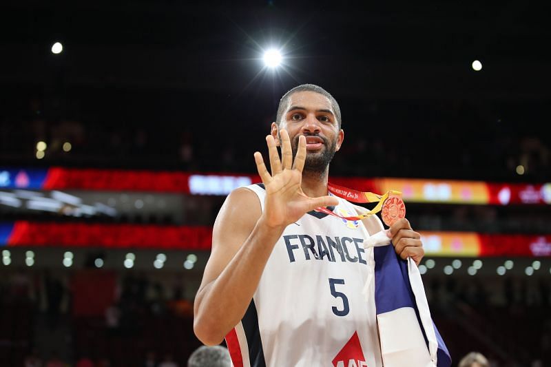 Nicolas Batum )#5) of France celebrates his team&#039;s victory during the Cup ceremony after the FIBA World Cup 2019.