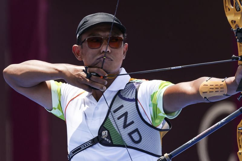 Tarundeep Rai of Team India competes in the archery Men&#039;s Individual 1/16 Eliminations on day five of Olympics 2021