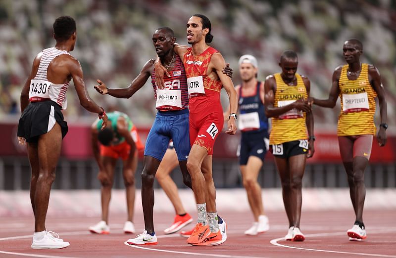 Paul Chelimo and Mohamed Katir after their 5000m heat at the Tokyo Olympics