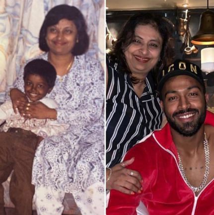 A past and a present picture of Hardik Pandya with his mother