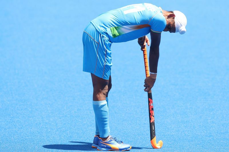 Mandeep Sindh of team India looks dejected after India&#039;s loss to Belgium