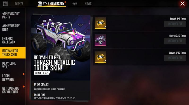 Monster Truck - Thrash Metallic can be obtained by receiving 10 Booyahs(Image via Free Fire)