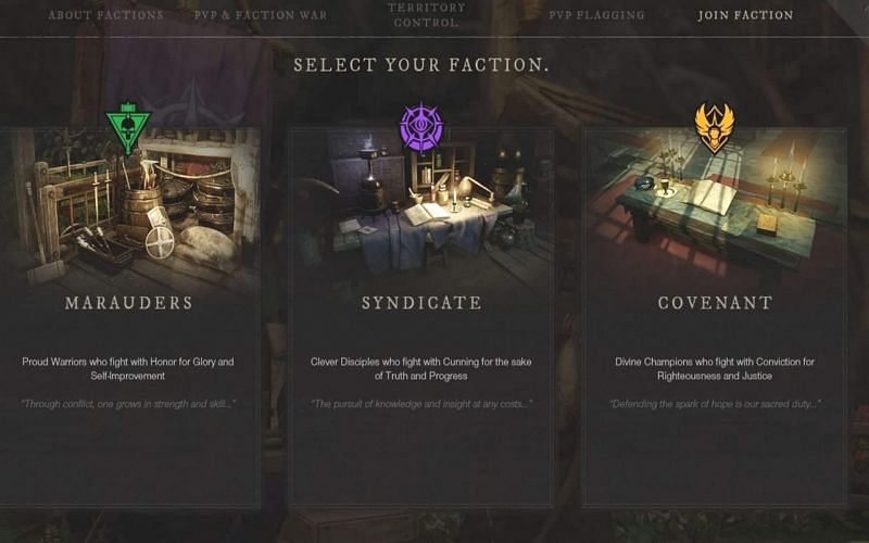 The faction select screen in New World. (Image via Amazon Games)