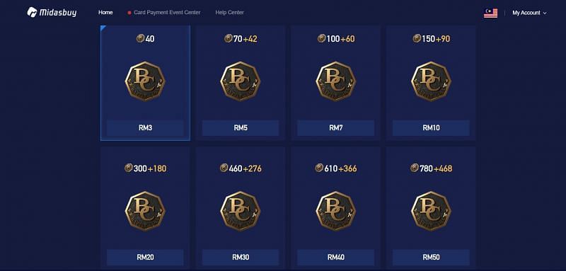 Battle Coins top up options (Image via Midasbuy)
