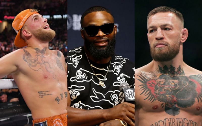 Jake Paul (left); Tyron Woodley (center); Conor McGregor (right)