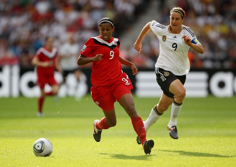 Germany v Canada: Group A - FIFA Women&#039;s World Cup 2011. Birgit Prinz is wearing the white Germany jersey.