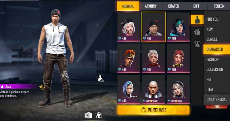 Jota character costs the players 499 diamonds in the game (Image via Free Fire)