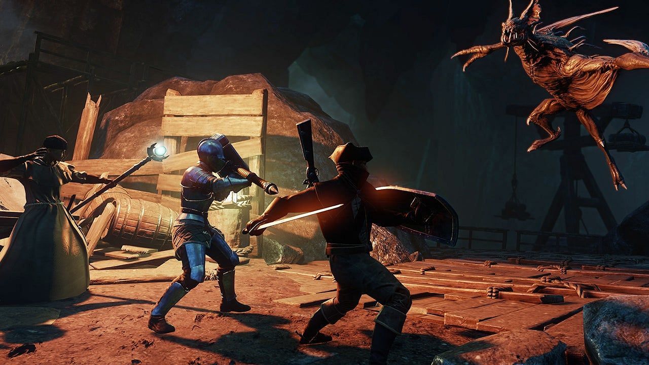 Players battling an enemy in the expedition (Image via New World)