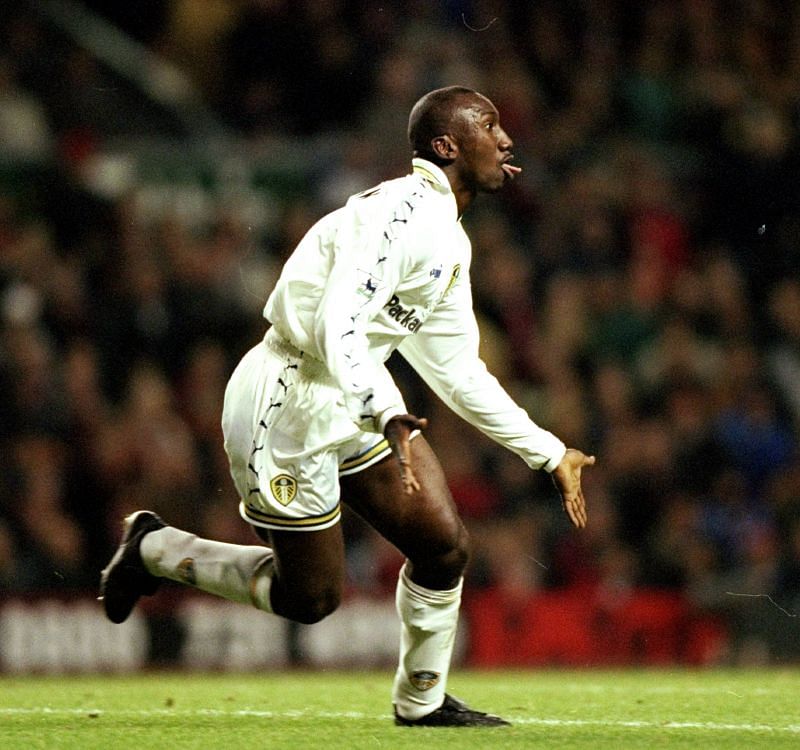 Jimmy Floyd Hasselbaink celebrating his goal for Leeds United - 1998