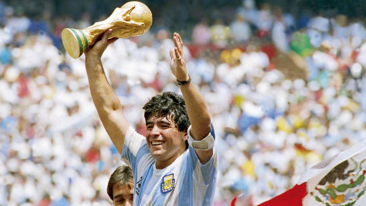 Diego Maradona celebrates winning the World Cup with Argentina