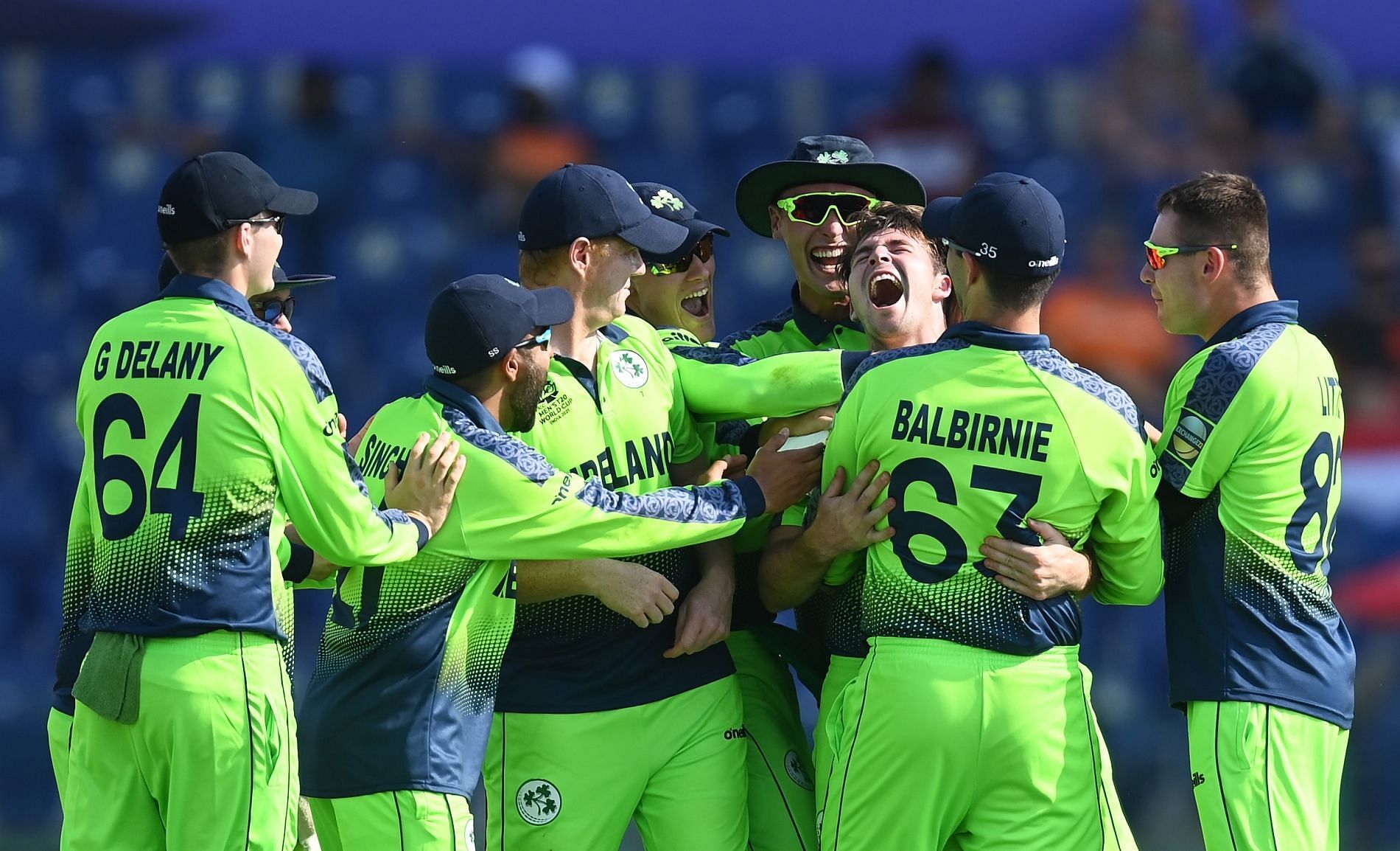 Curtis Campher celebrates with Ireland teammates. Pic: T20WorldCup/ Twitter
