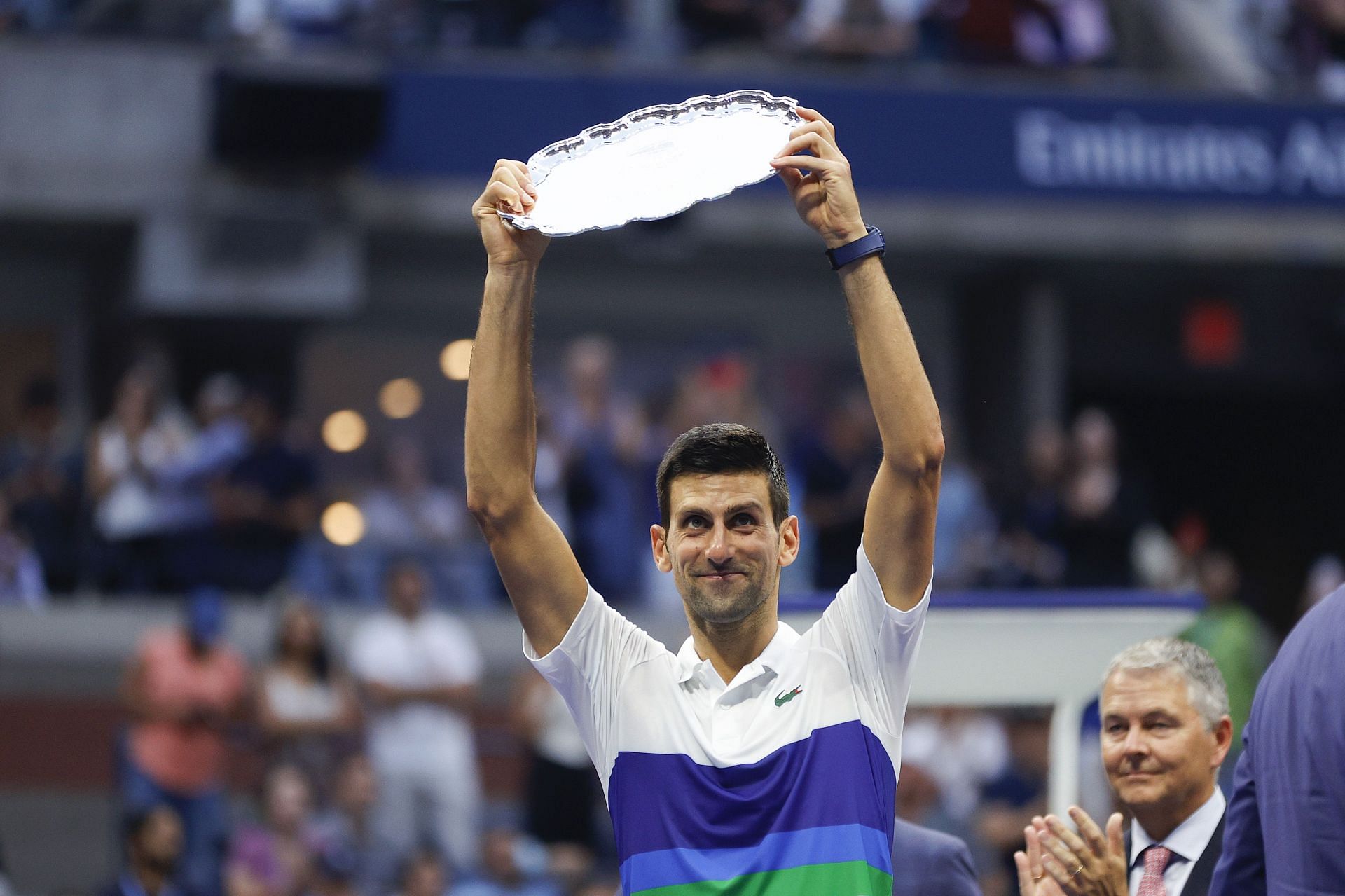 Novak Djokovic with his 2021 US Open runner-up trophy