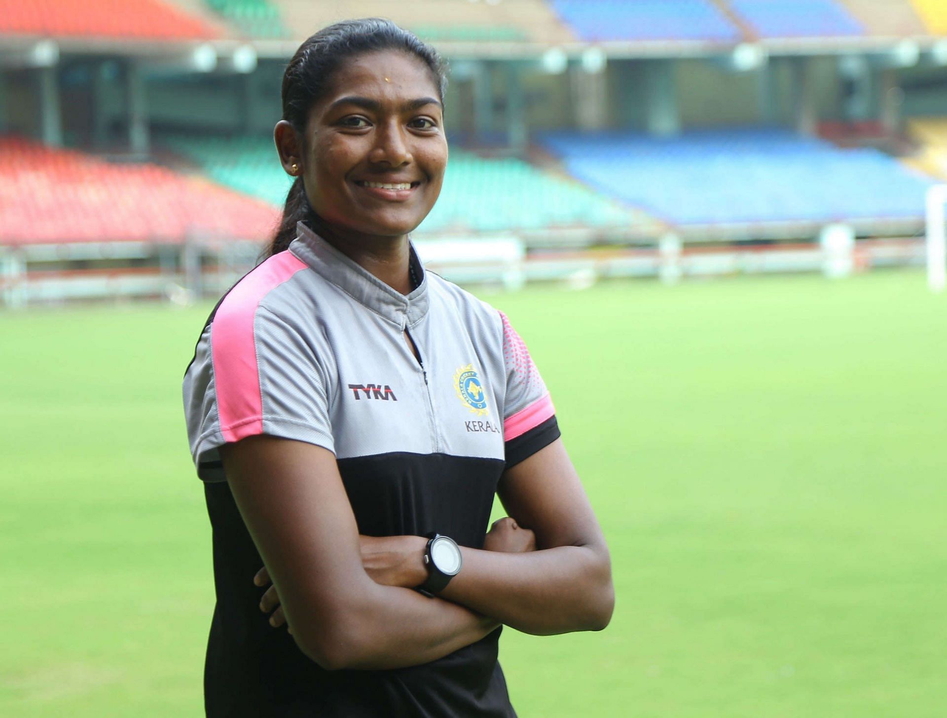 Kerala player Sanjana S poses for a picture