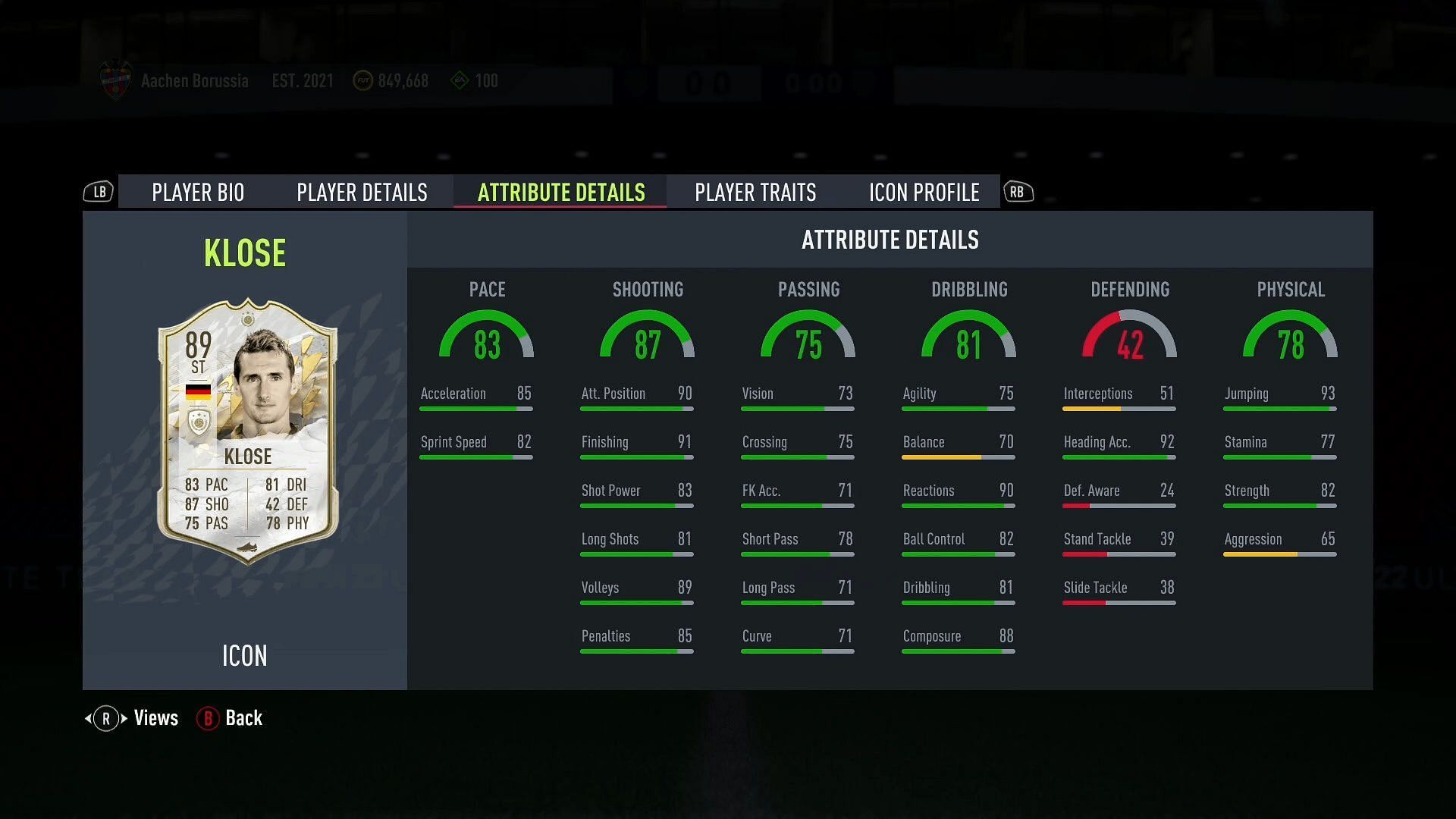 Klose mid icon card stats (Image via FIFA 22)