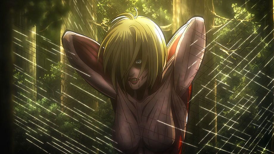 The Female Titan snared in a type of wire trap, which she eventually escapes from (Image via Wit Studio)
