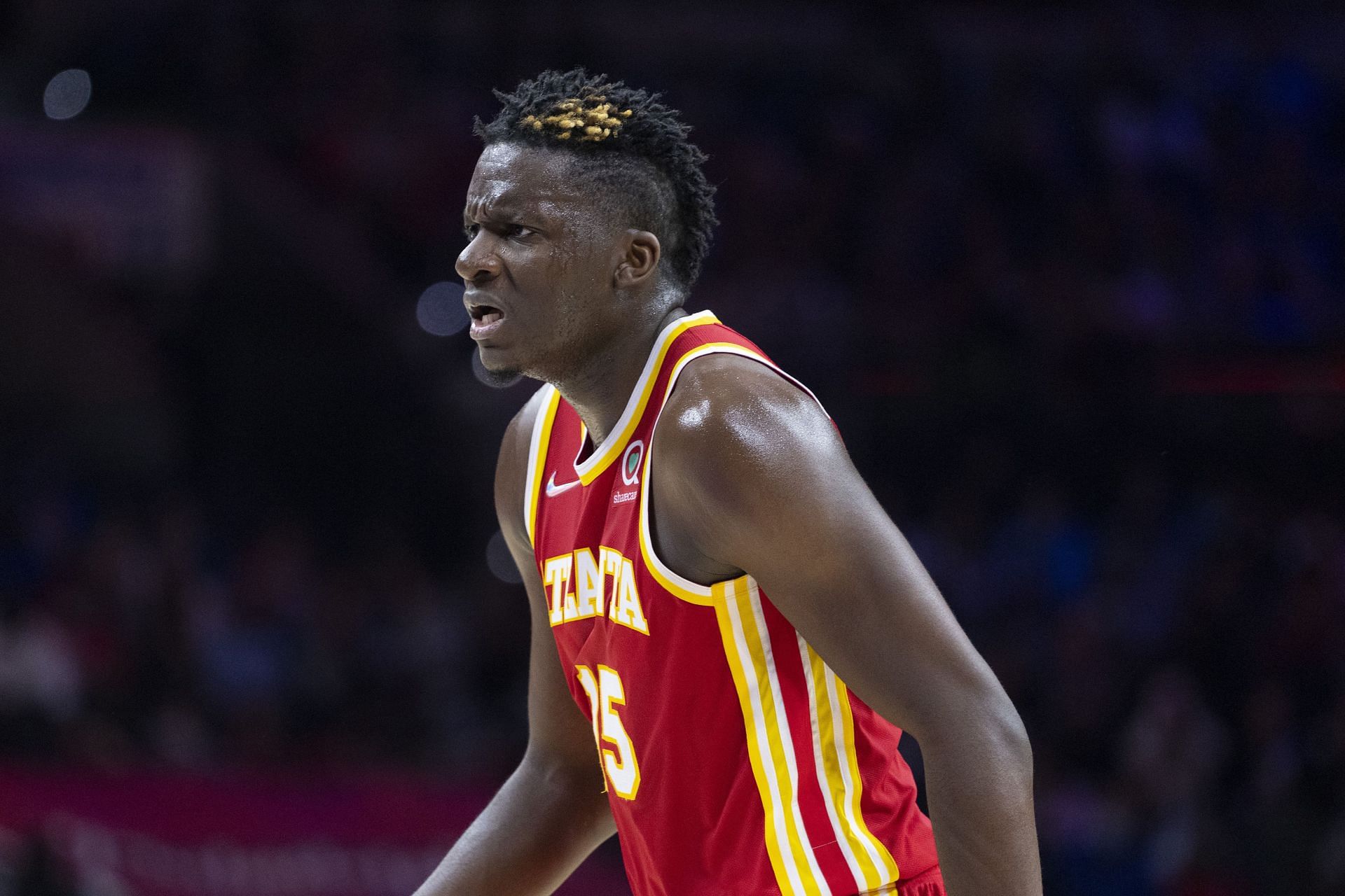 Clint Capela #15 of the Atlanta Hawks looks on against the Philadelphia 76ers in the second half at the Wells Fargo Center on October 30, 2021 in Philadelphia, Pennsylvania. The 76ers defeated the Hawks 122-94.