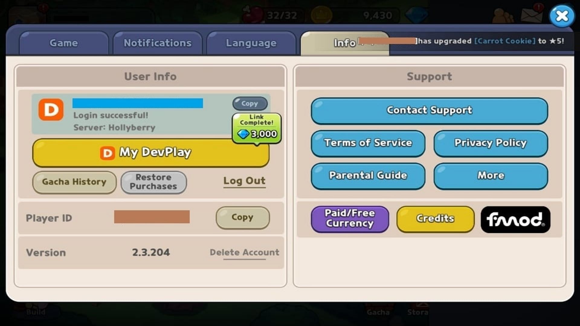 Find the DevPlay account in the Settings (Image via Cookie Run Kingdom)