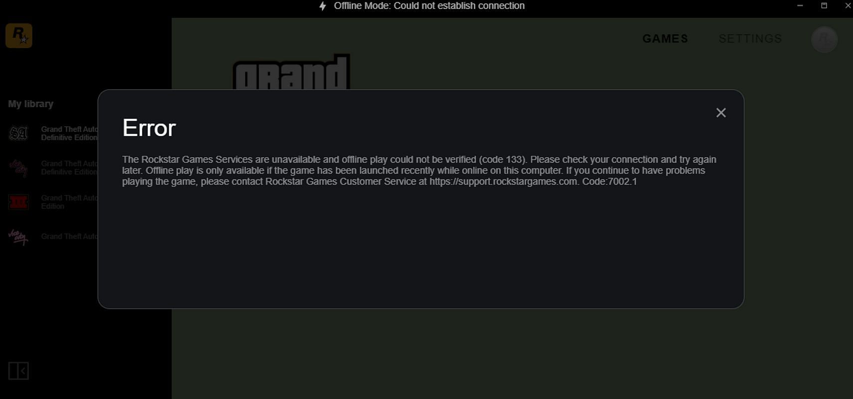 An example of an error while trying to boot the game from the Rockstar Games Launcher (Image via Rockstar Games)