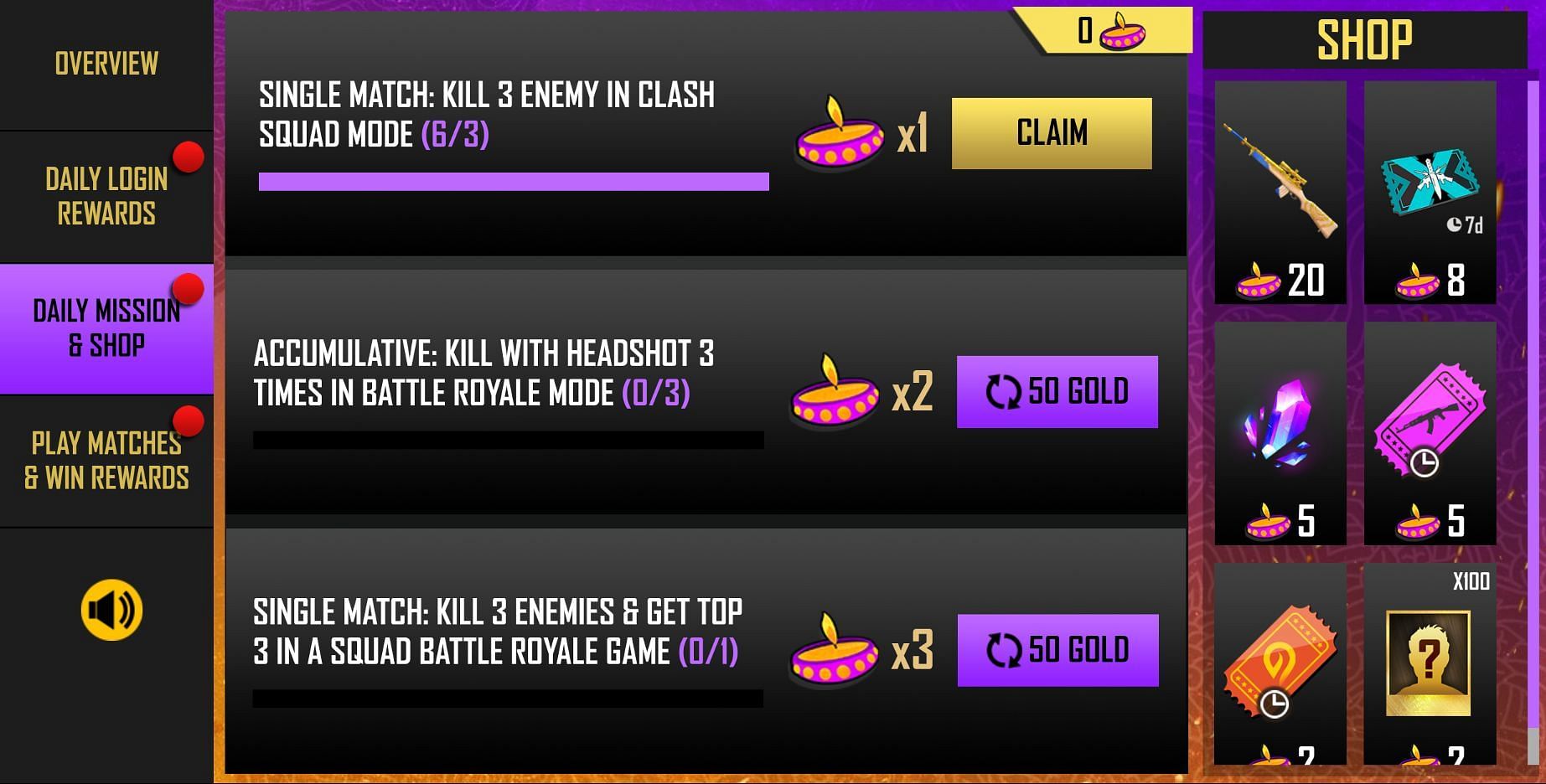 Rewards from the three daily missions (Image via Free Fire)