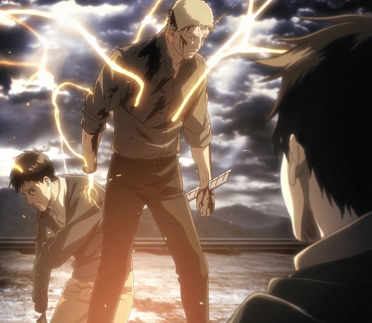 Reiner and Bertholdt activating their Titan Shifting powers as seen in Season 2 of the Attack on Titan anime (Image via Wit Studio)