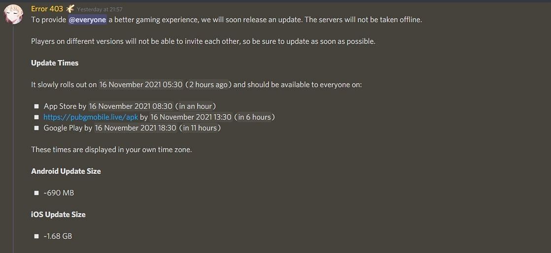 The time of arrival and the size of the PUBG Mobile 1.7.0 update (Image via Discord)