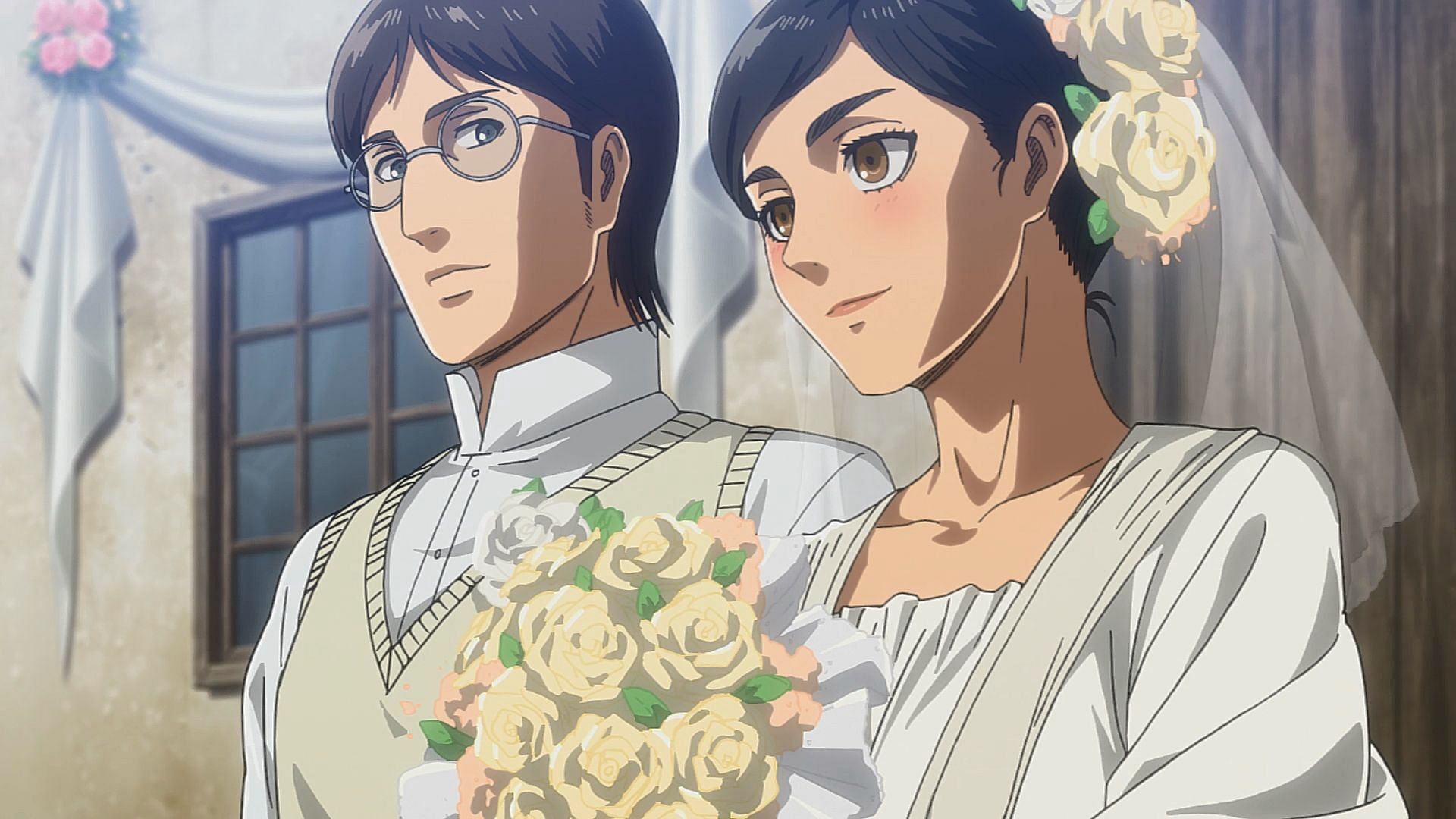 Grisha and Carla on their wedding day, as seen in the Attack on Titan anime (Image via Wit Studio)