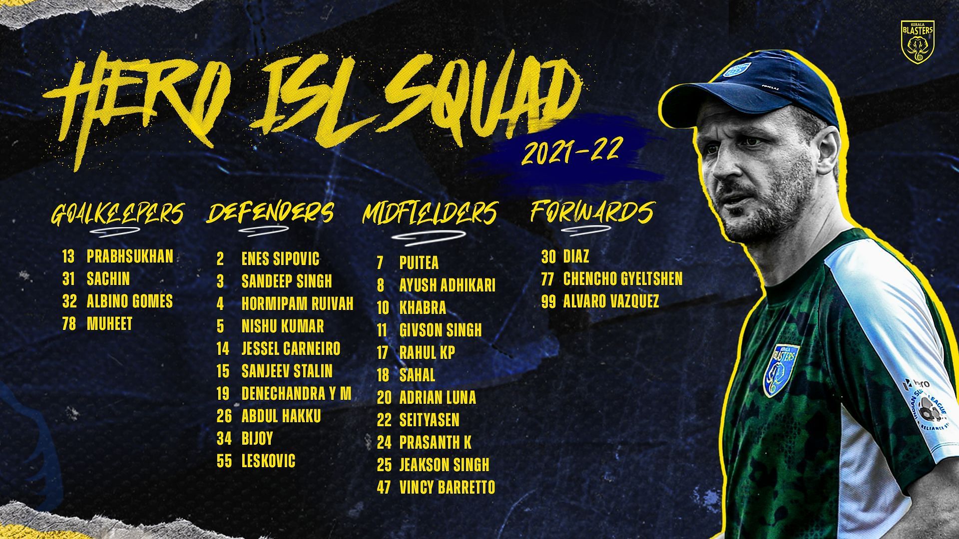 Kerala Blasters FC have announced a 28-man official squad for the 2021-22  Indian Super League