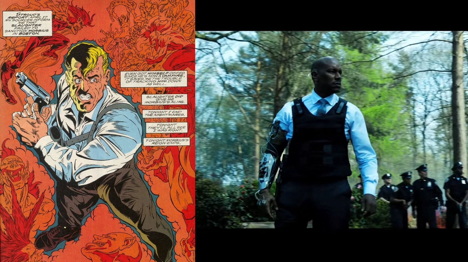 Stroud in comics, and Tyrese Gibson as Stroud in the movie (image via Sony Pictures Entertainment/Marvel)
