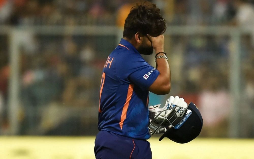 A dejected Rishabh Pant walks back after being dismissed in the third T20I. Pic: Getty Images