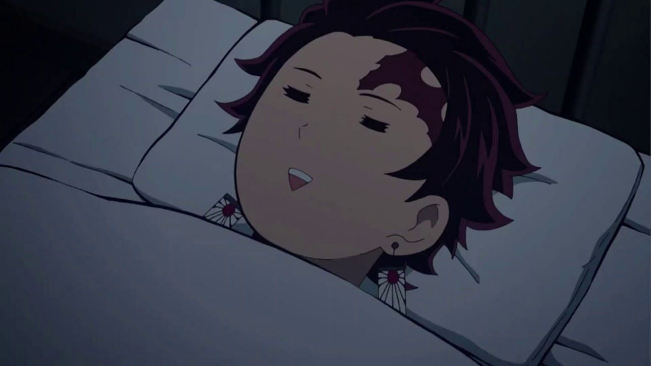 Tanjiro sleeps peacefully, just as re-watching the Mugen train arc is doing something for Demon Slayer fans (image via Ufotable)